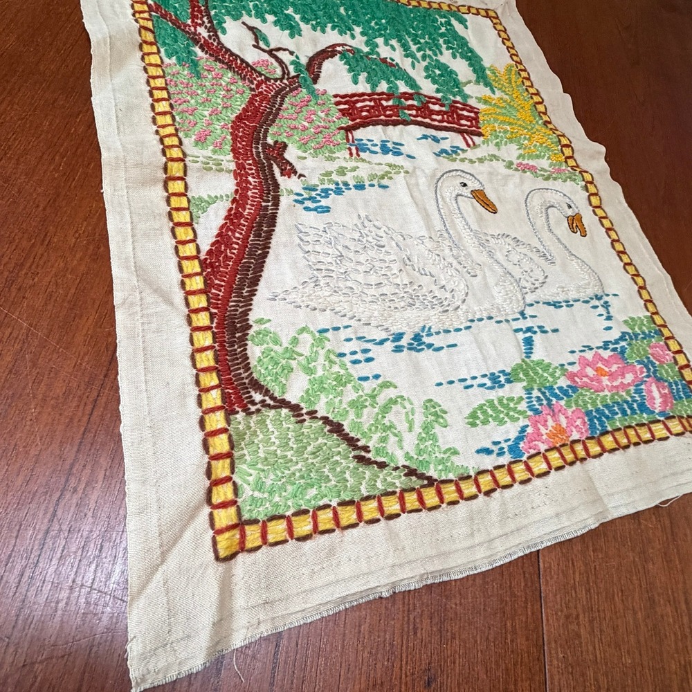 Vintage Hand Embroidered Swan Pond Garden Scene Textile Art Panel Grannycore - Picture 2 of 9